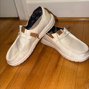 Hey Dude White and Tan Slip-On Canvas Shoes